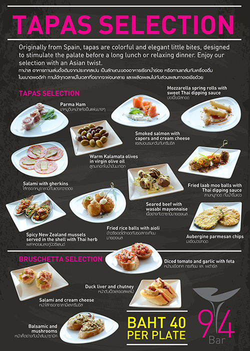 Original Tapas Selection served at 94 Bar, Novotel Bangkok IMPACT Hotel
